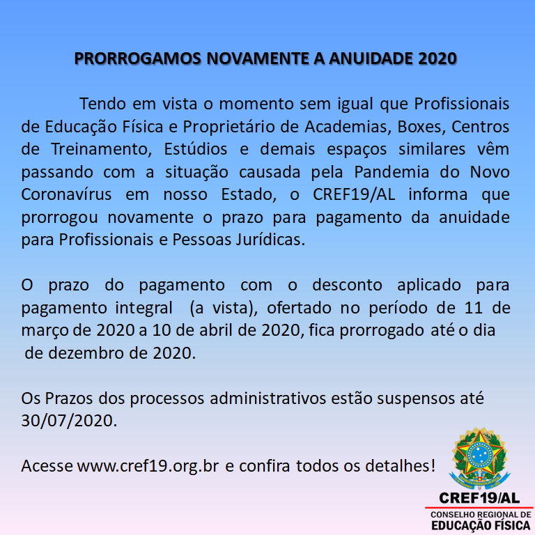 PRORROGADA NOVAMENTE A ANUIDADE 2020